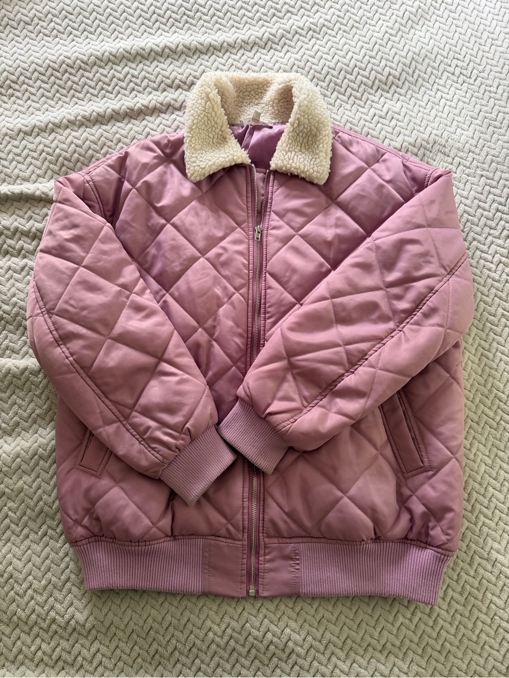 MARBLE Quilted Pink Puffer Jacket with Cream Sherpa Collar